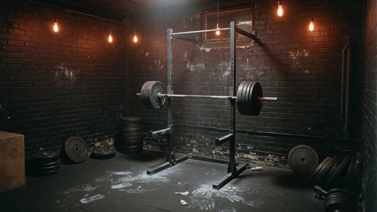 Sala compacta de fuerza con rack y barra, iluminación cálida. Imagen ilustrativa de propuesta, no es fotografía del local Dual Gym.